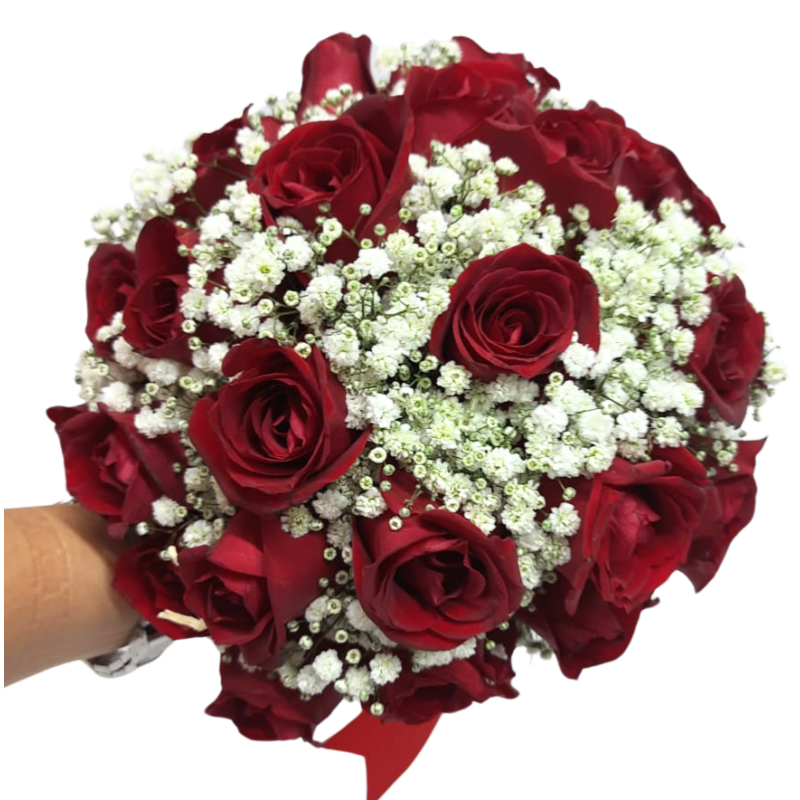 Buquê de Noiva com Rosas Vermelhas e Gipsofila 