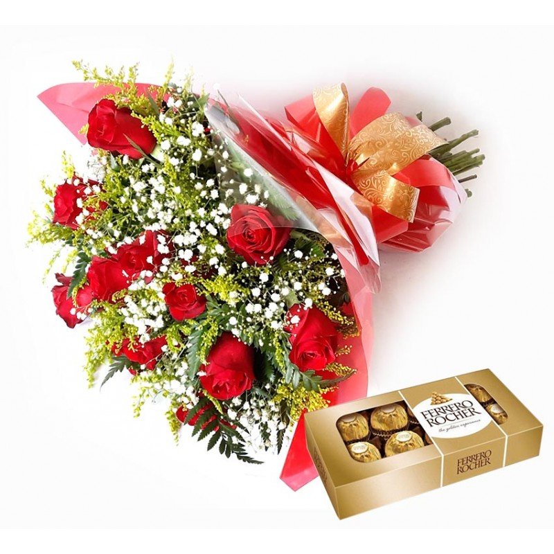 Buquê Tradicional com 12 Rosas + Chocolate