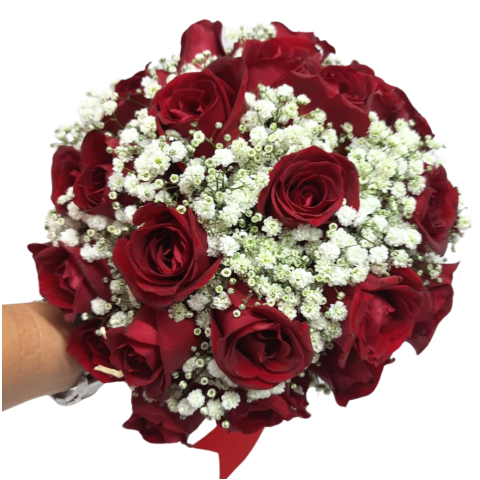 Buquê de Noiva com Rosas Vermelhas e Gipsofila 