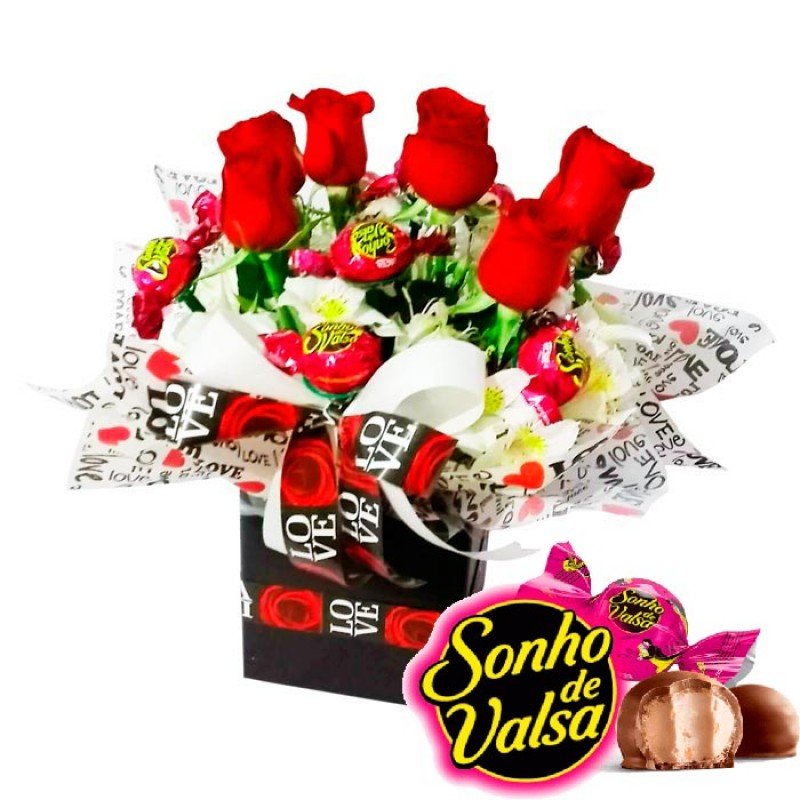 Buquê no Cachepô com 6 Rosas + 10 Bombons Sonhos de Valsa